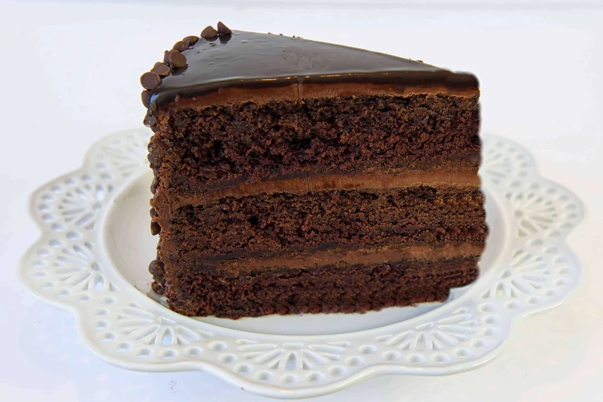 A finished piece of chocolate cake